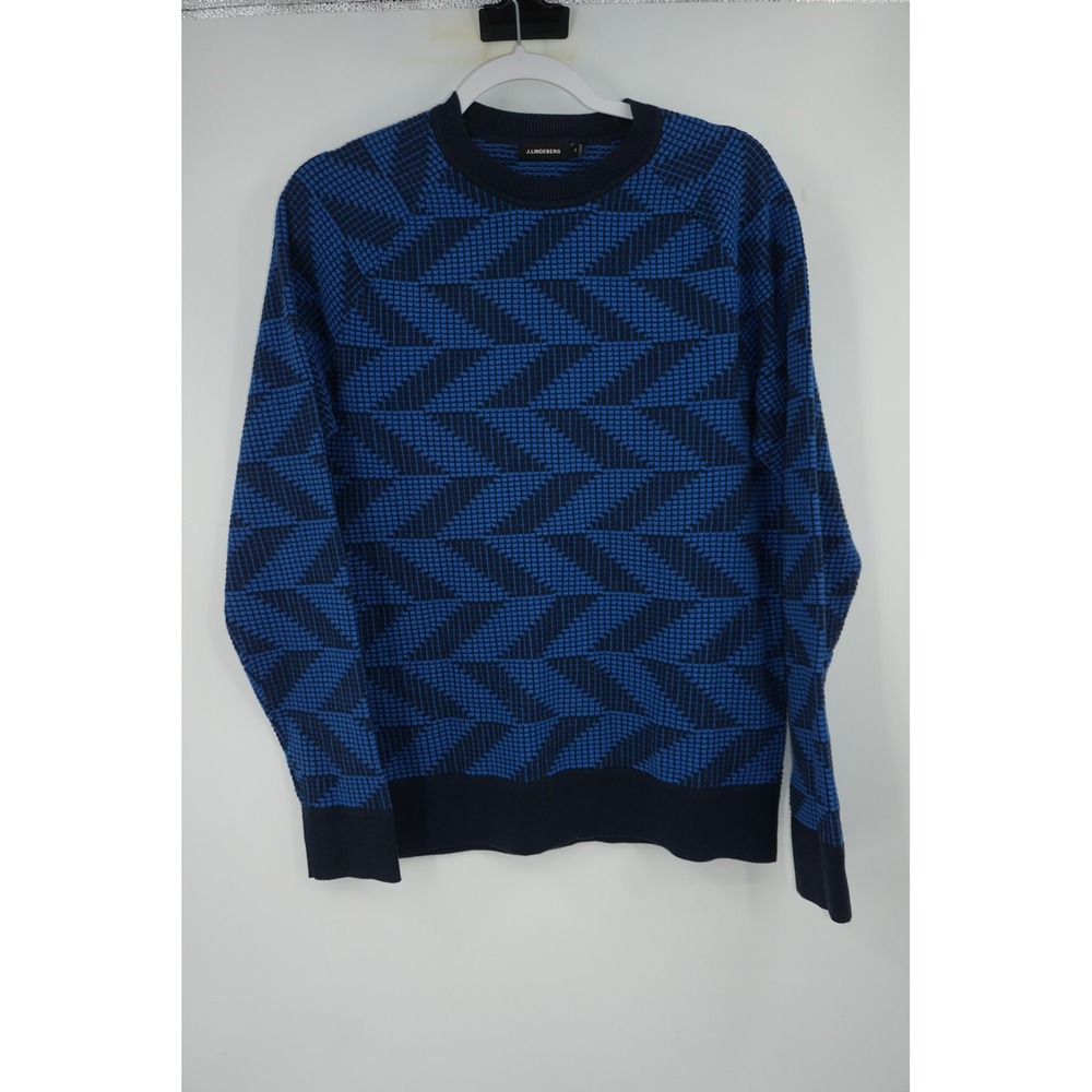 J. Lindeberg Sweater Men's Medium Blue Chevron‎ Geometric Knit Crewneck Pullover